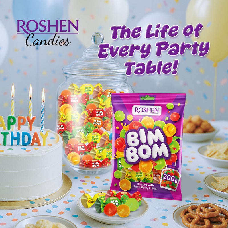 Roshen Bim Bom Hard Candy - Assorted Fruit & Berry Filled Candies, Individually Wrapped, 7.05 oz (200g), Pear, Pineapple, Strawberry, Tutti-Frutti - Image 4